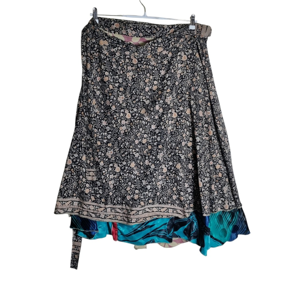 Darn Good Yarn Sari Wrap Skirt Floral Reversible Maxi Silk Blend Size 8-20 Boho